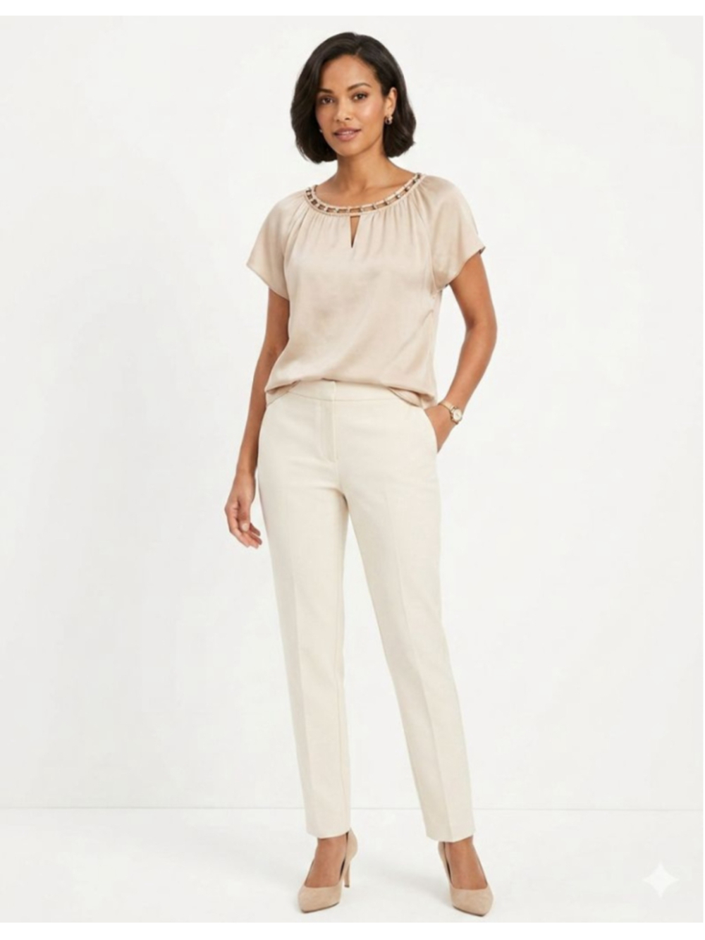 WHBM Silk Stretch Embellished Blouse Beige Champagne Size S